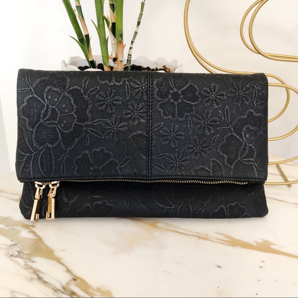 Black Faux Leather Fold Over Clutch
